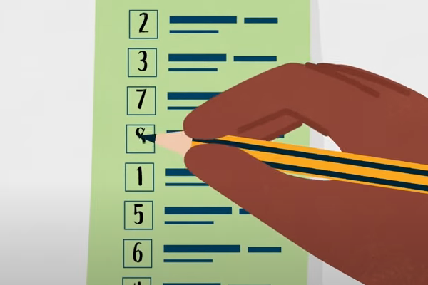 Hand holding a pencil over a lower house ballot paper. All the boxes are numbered.