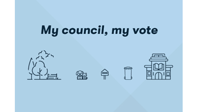 A graphic promoting the 2024 local council elections in Victoria, Australia. The text reads 'My council, my vote' and encourages voting by post. 