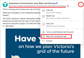 Facebook example of how to see who paid for an ad. The ad reads "Sponsored: paid for by Department of Environment, Land, Water and Planning." The ellipsis has been clicked and the menu item "Why am I seeing this ad" is highlighted with a red rectangle.