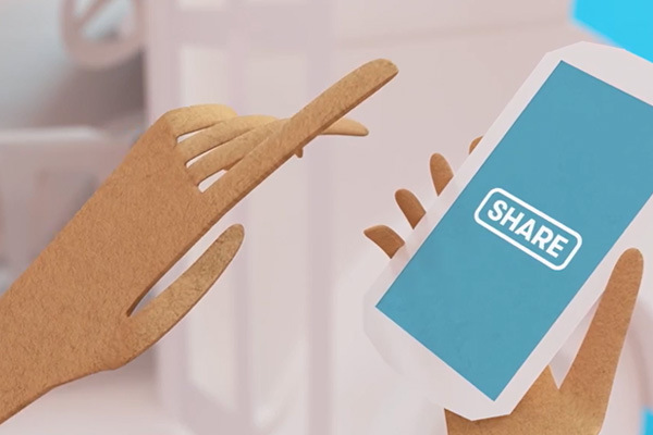 Illustration of a finger hovering over a device that says 'share'