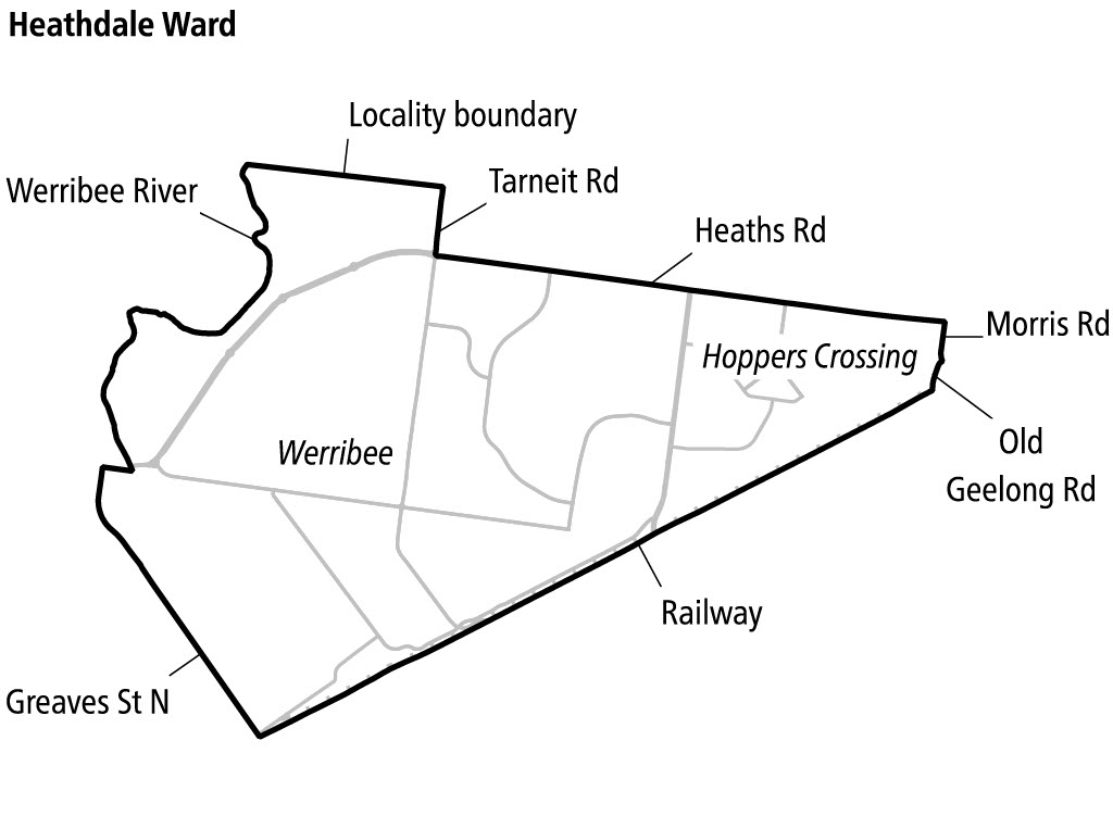 Map of Heathdale Ward covering parts of Werribee and Hoppers Crossing. Key landmarks include the Werribee River to the west, Tarneit Road and Heaths Road to the north, Morris Road and Old Geelong Road to the east, and a railway line along the south. Internal locality boundaries are lightly shown.