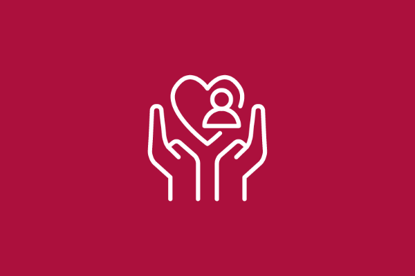 A red background with white icon of 2 hands holding a heart 