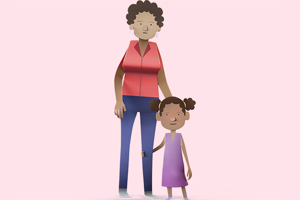 Cartoon of a woman and a small child. The woman is wearing a red top and blue jeans. The child is wearing a purple dress. They both have light brown skin and curly brown hair. 