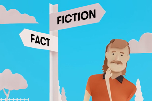 Electoral misinformation tile Illustration of a man looking confused next to a sign pointing in two different directions. The 2 directions on the sign read 'fact' and 'fiction'.