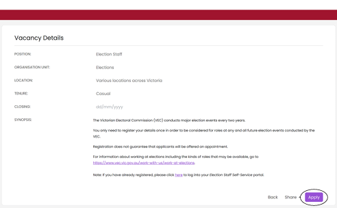 Click the purple ‘Apply’ button at the bottom right of the page. You will see the ‘VEC Online Registration’ page.
