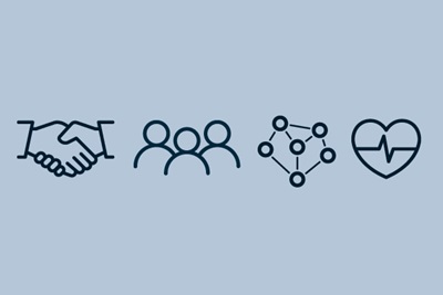 Illustration with four icons: a handshake (representing trust), three people (representing voters), interconnected nodes (representing systems), and a heart with a heartbeat line (representing well-being).