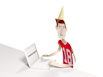 An illustration showing a young man in a party hat and red shirt with the number 18, completing an enrolment form on a laptop.