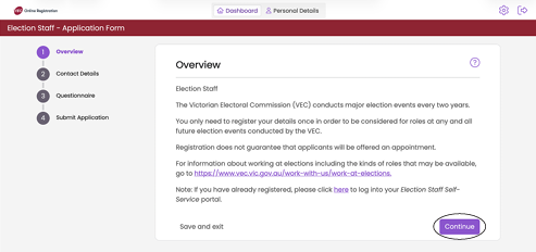 The election staff application form 'overview' page.