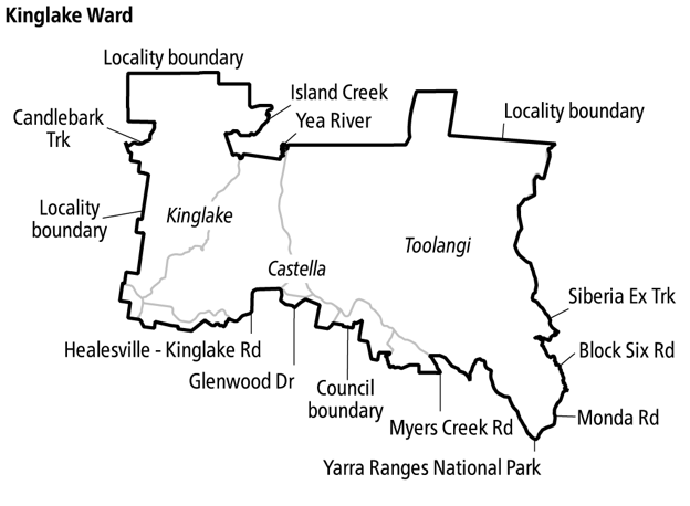 Map of Kinglake Ward showing the ward boundary and surrounding roads, tracks and landmarks. Localities within the ward include Kinglake, Castella and Toolangi. Key boundary features include Candlebark Track, Sibelia Extension Track, Healesville–Kinglake Road, Glenwood Drive, Block Six Road, Monda Road and Myers Creek Road. Island Creek and the Yea River form part of the northern boundary. The southern boundary adjoins Yarra Ranges National Park and follows the council boundary.