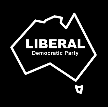 Proposed Liberal Democratic Party logo - a black square with a white outline of Australia. The words Liberal Democratic Party are inside the outline.