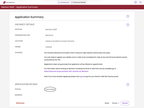 The application summary page.