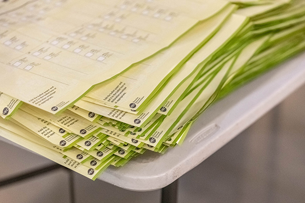 Green state election ballot papers stacked on a table