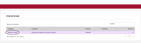 You will see a list of vacant positions: Click the purple ‘Election Staff’ text. This link will take you to the ‘Vacancy Details’ page.