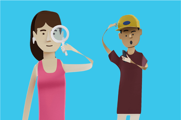Misinformation A woman looking through a magnifying glass, and a man appearing shocked at something they're reading on their phone.