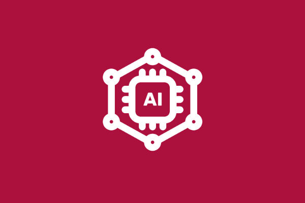 A red background with a white hexagonal icon containing a chip and AI written in the middle 