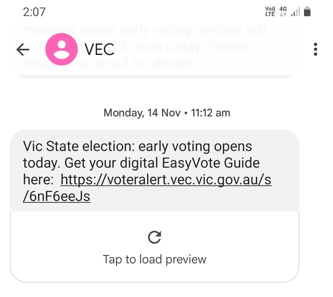 Screenshot of a sample SMS that the VEC sends as part of its VoterAlert service.