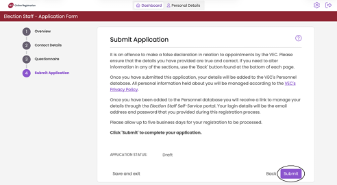 The submit application page.